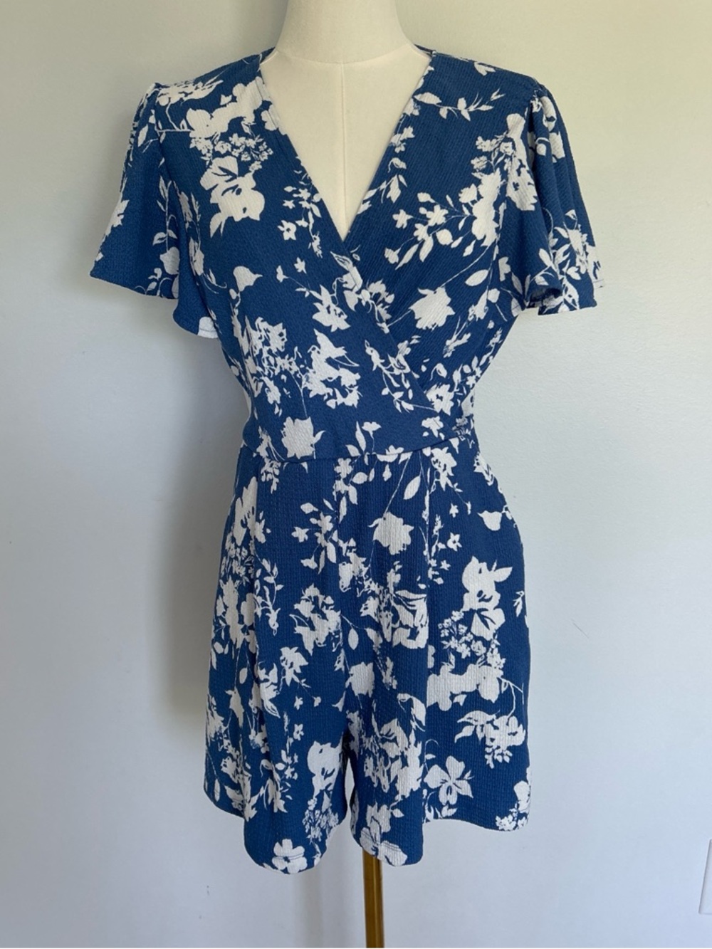 Floral Wrap Romper in Navy and White